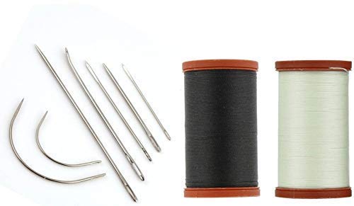 Upholstery repair kit with 2 spools (1 white and 1 black spool) and 7 different