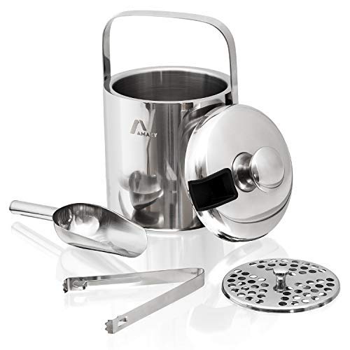 Stainless steel ice container with lid including tongs, ice scoop and double sieve