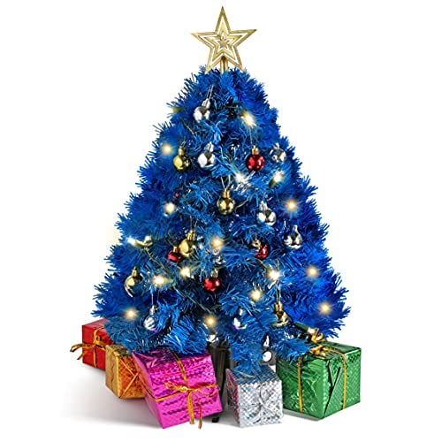 23 Inch DIY Table Mini Blue Christmas Tree With Warm White LED Lights