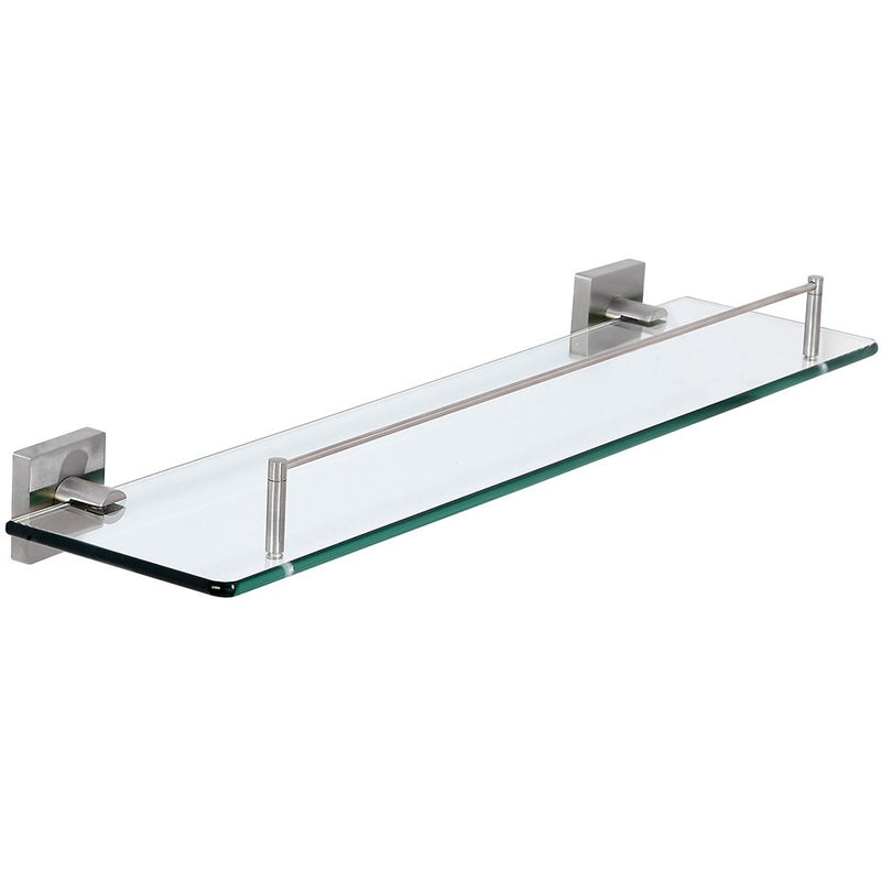 Modern flat shelf made of brushed glass, clean lines and high quality stainless steel towel