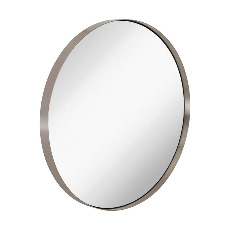 30 inch silver round mirror with brushed metal frame, contemporary