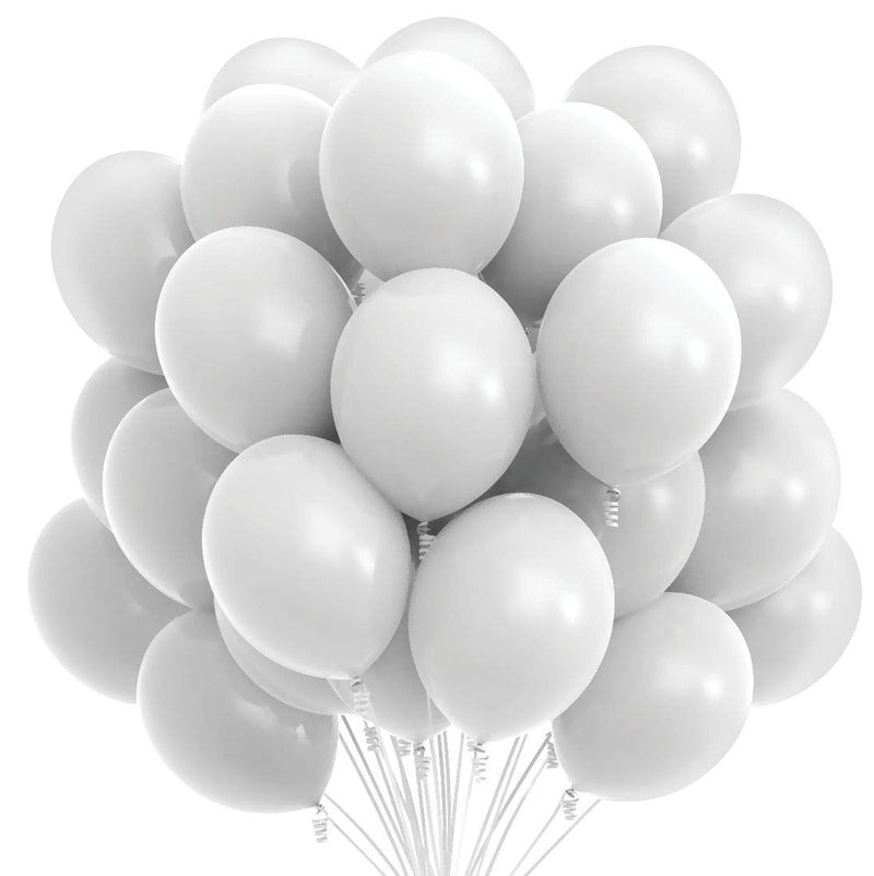 75 white party balloons, 12 inch white balloons with matching color ribbon