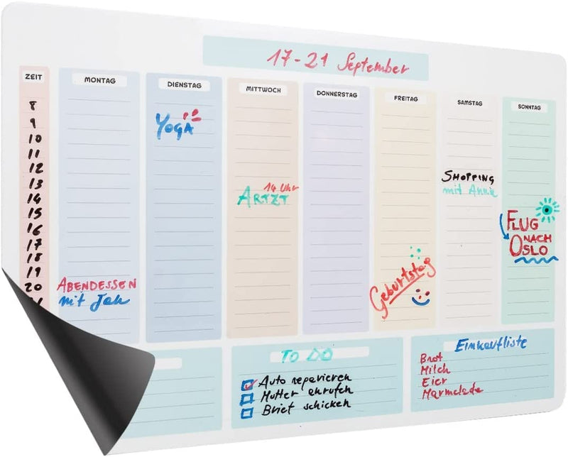 Magnetic weekly calendar including 7 magnets. Wipe-clean refrigerator calendar