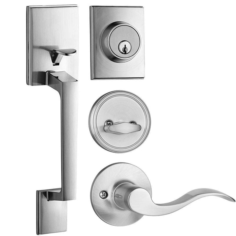 Modern single cylinder front door handle set with wave style lever handle