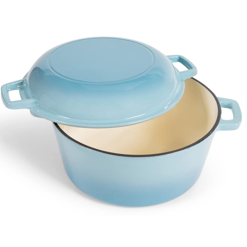 2-in-1 Enamelled Cast Iron Dutch Oven with Handles - Sky Blue Cast Iron Dutch Oven