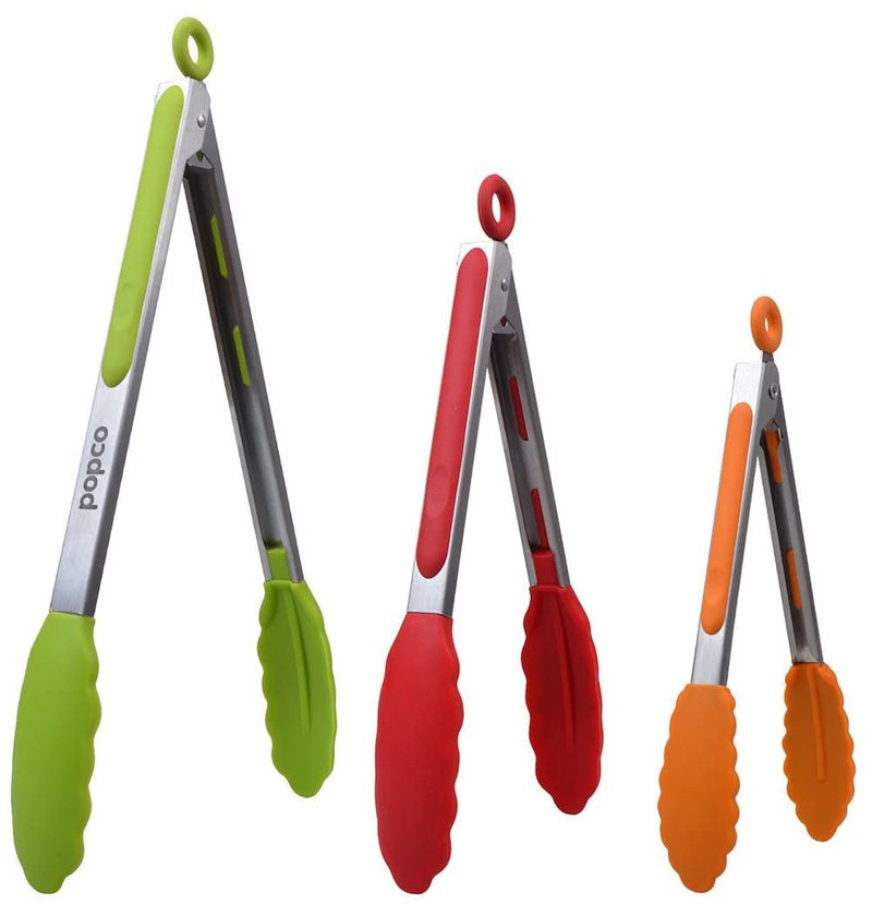 Silicone cooking tongs (3 food tongs x 7/9/12 inch), durable stainless steel