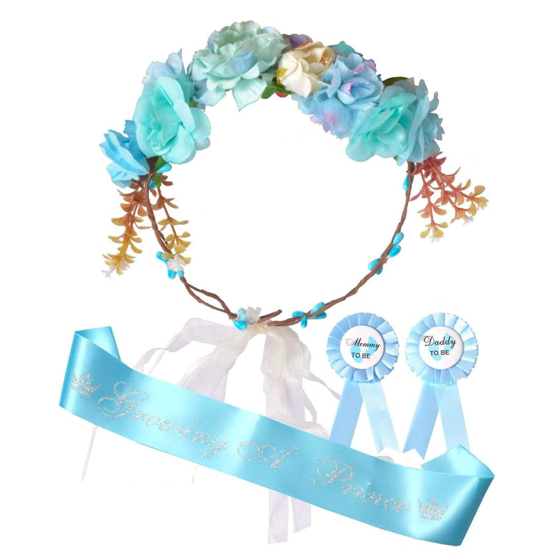 Baby shower decoration for expecting mom and dad, blue floral style tiara