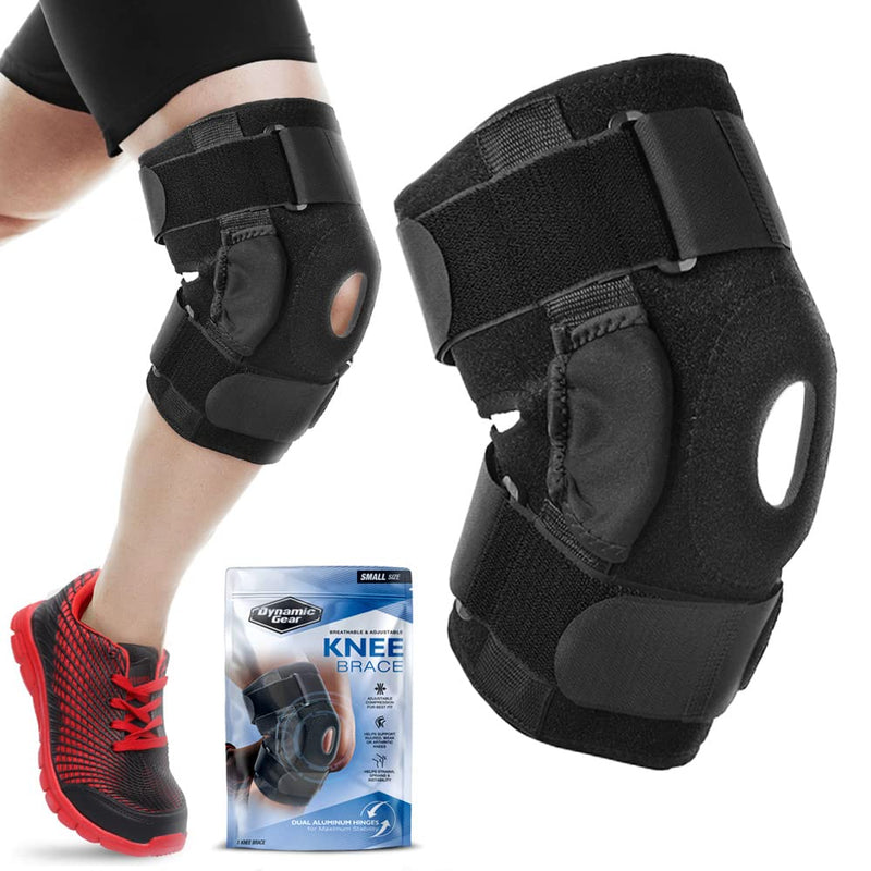 Open patella-stabilizing knee brace, two aluminum stability hinges, padded