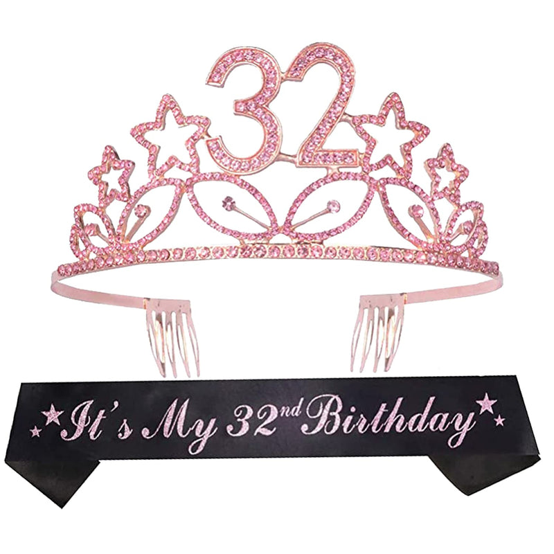 32nd Birthday Sash and Tiara for Women - Fabulous Glitter Sash + Stars