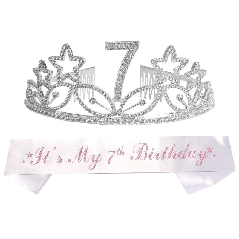 Girls 7th Birthday Sash and Tiara - Fabulous Glitter Sash + Star Rhinestones