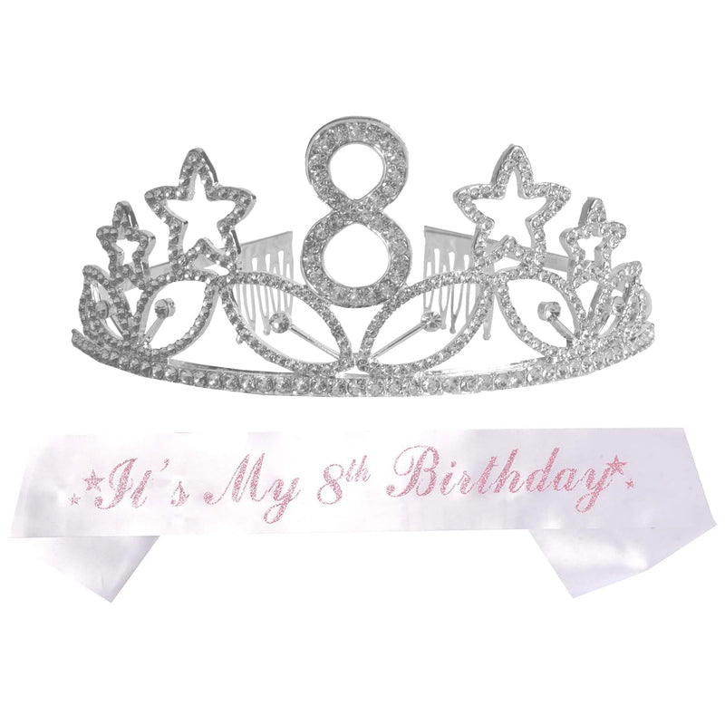 Girls 8th Birthday Sash and Tiara - Fabulous Glitter Sash + Star Rhinestones