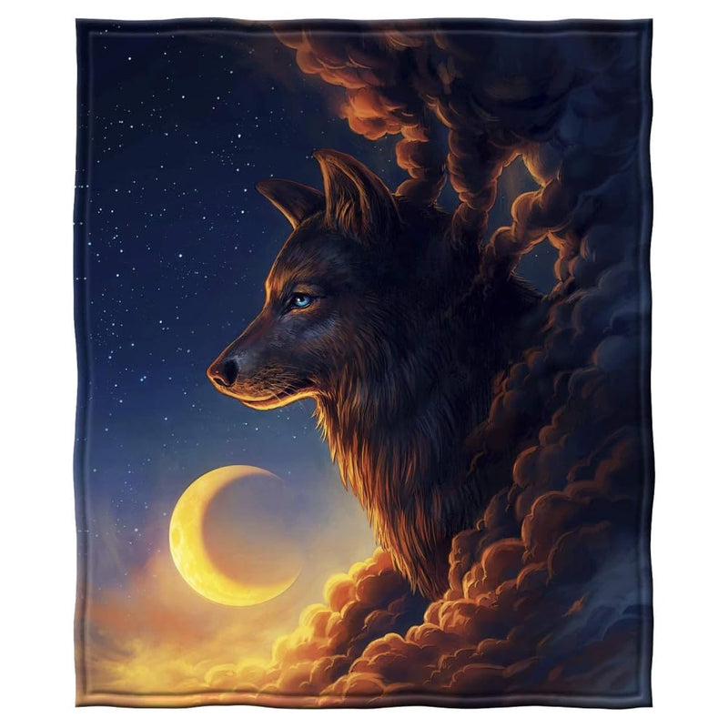 Golden Moon Wolf Fleece Blanket for Bed, 50" x 60" Crescent Moon Fleece