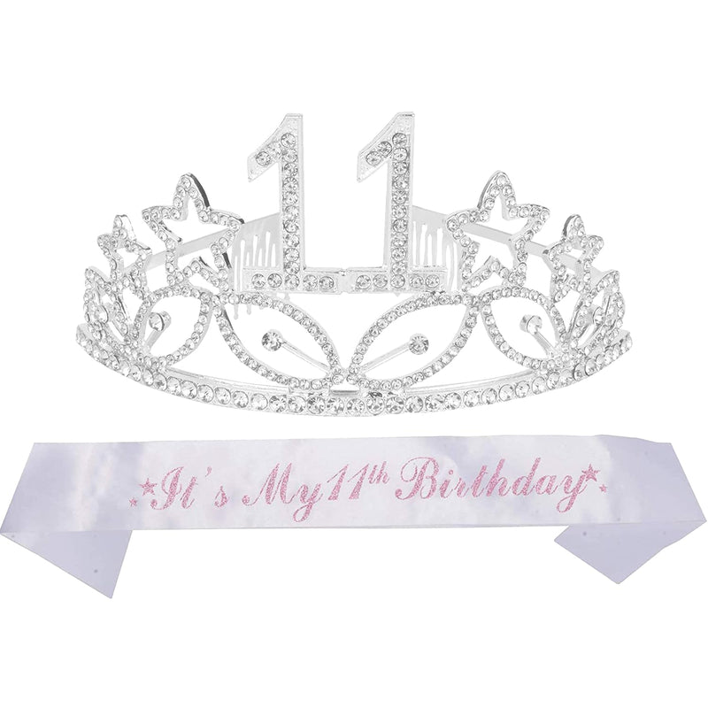 Girls 11th Birthday Sash and Tiara - Fabulous Glitter Sash + Stars