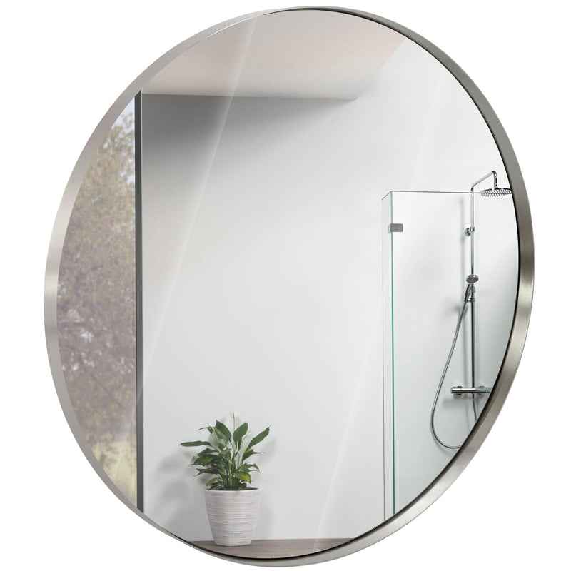 35 inch contemporary silver round mirror with brushed metal frame