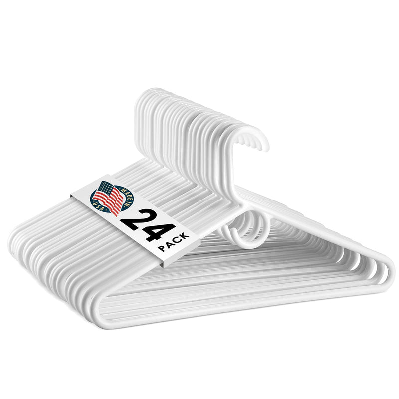 USA Made Heavy Duty Plastic Clothes Hangers, White - Pack of 24 Hangers