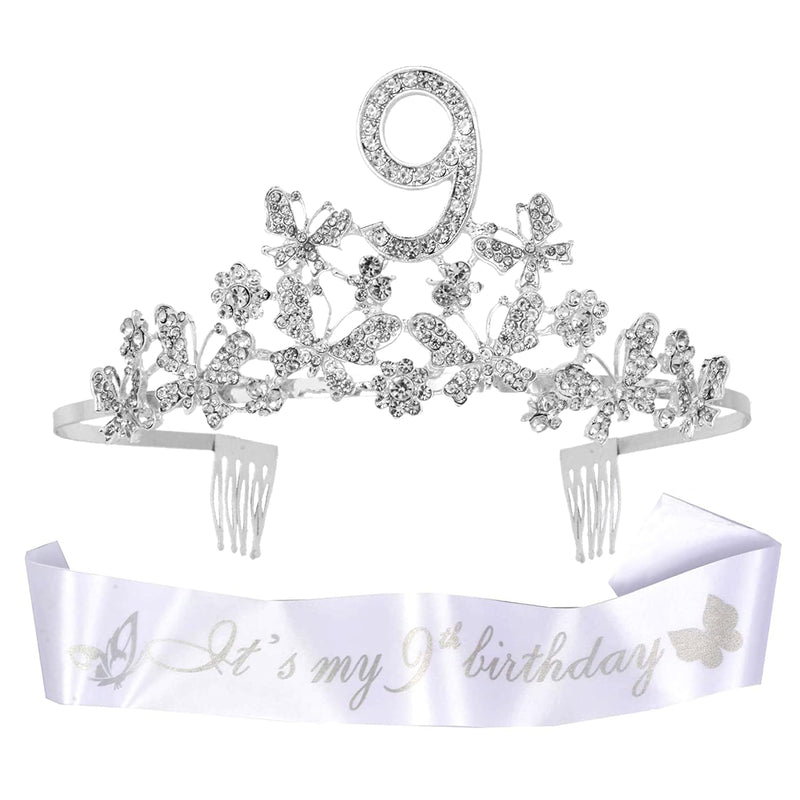 Girls 9th Birthday Sash and Tiara - Fabulous Glitter Sash + Butterflies