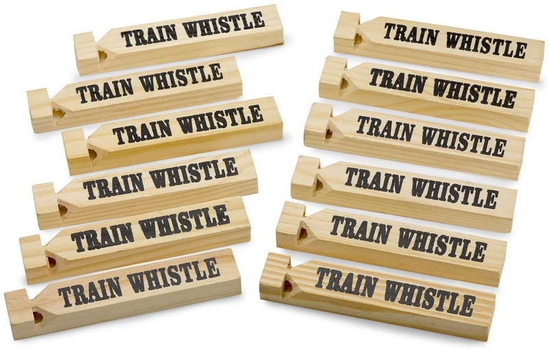 Pack of 12 575" Wooden Train Whistles - Printed on a Locomotive and Words