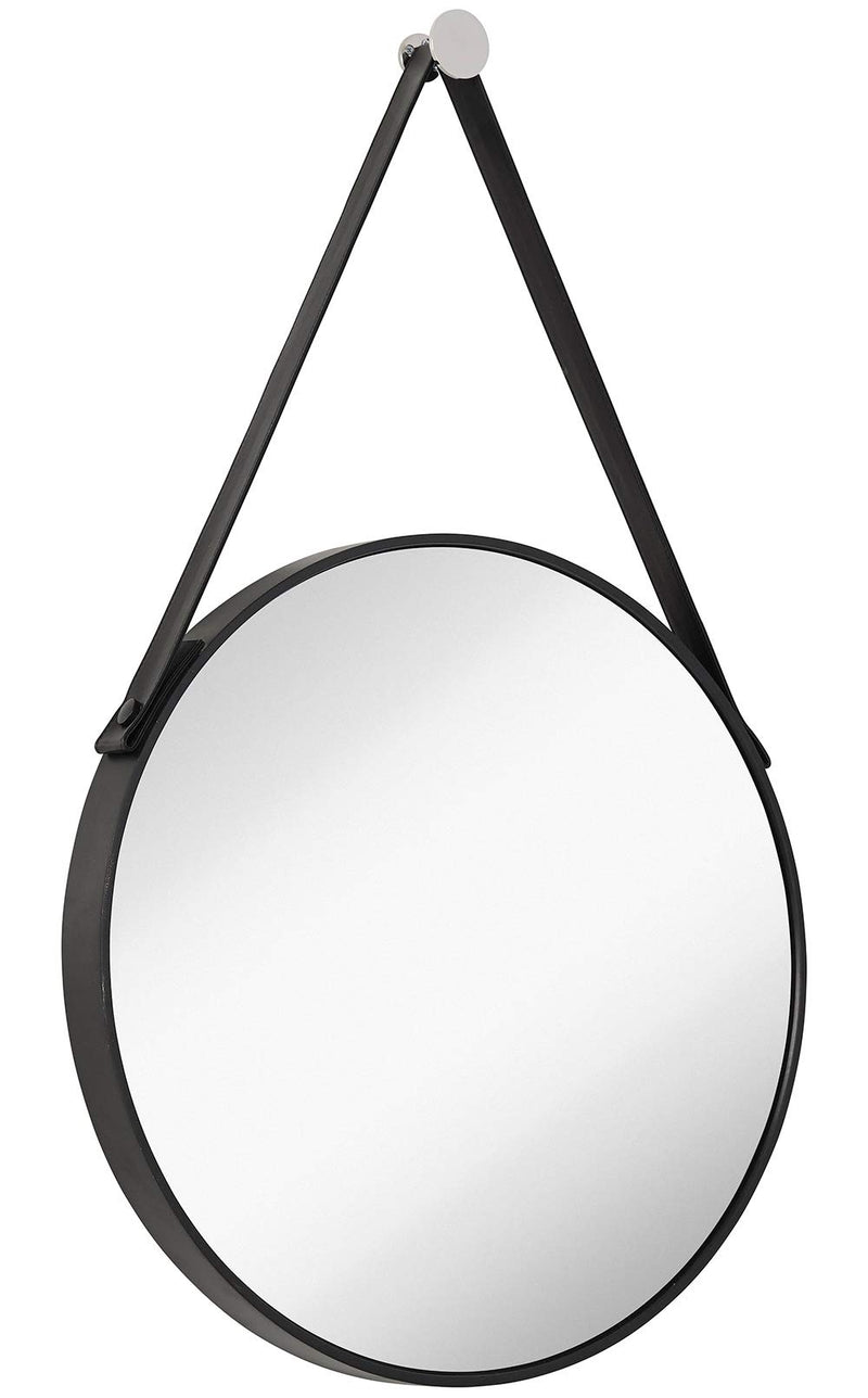 Hanging round metal wall mirror with black leather strap and chrome accents