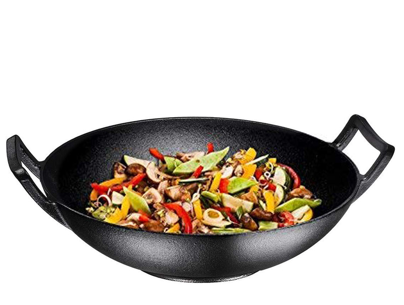 Black 14-inch traditional cast iron wok with large loop handle, suitable