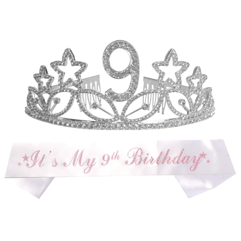 Girls 9th Birthday Sash and Tiara - Fabulous Glitter Sash + Stars