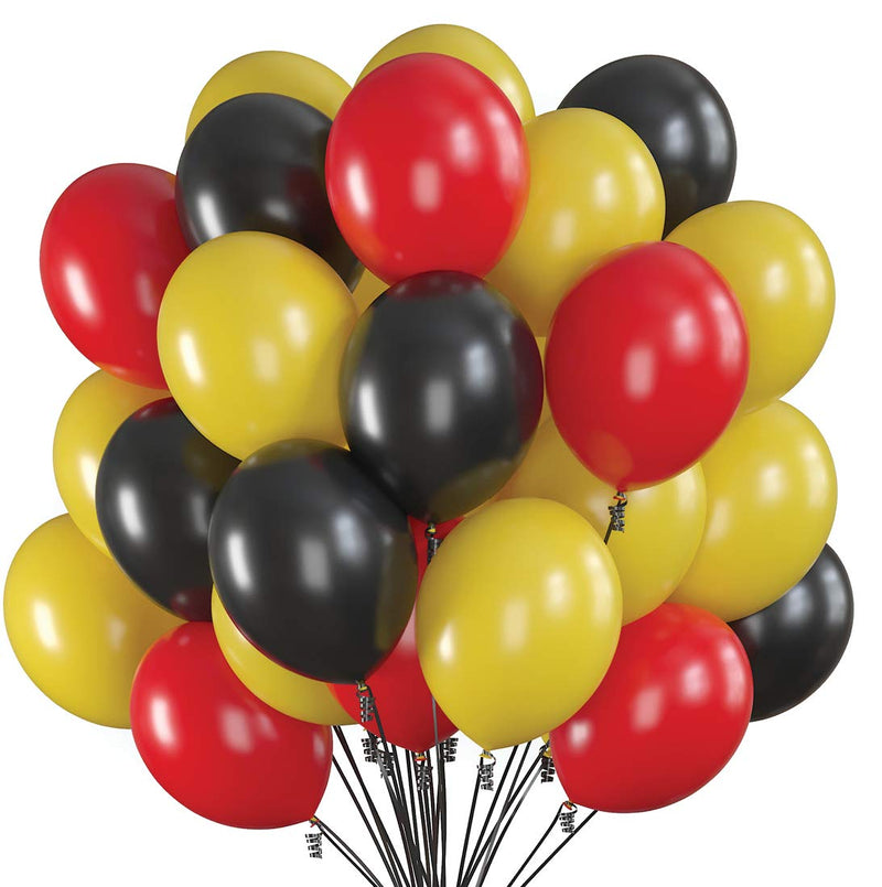 75 party balloons 12 inch, black, red and yellow balloons with ribbon for black