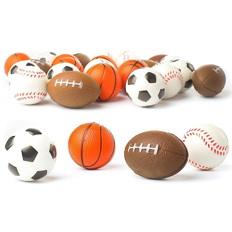 Set of 24 Sports Stress Balls (25") - Includes Football, Basketball, Soccer,