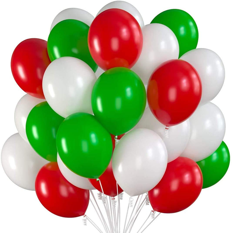 75 party balloons 12 inch red, green and white balloons with ribbon