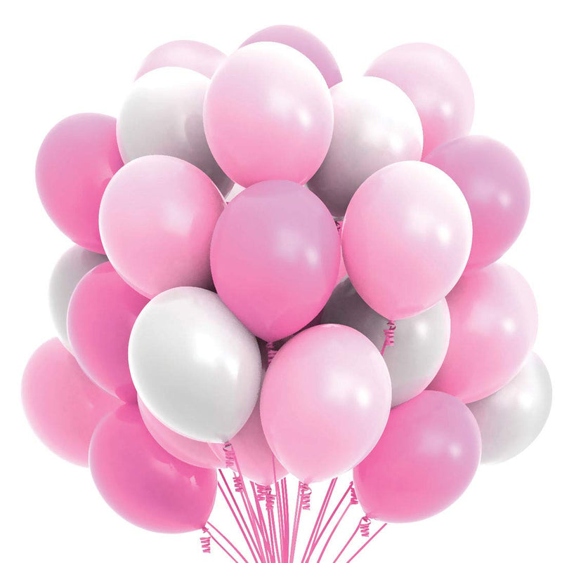 75 party balloons 12 inch pink, baby pink and white balloons with ribbon