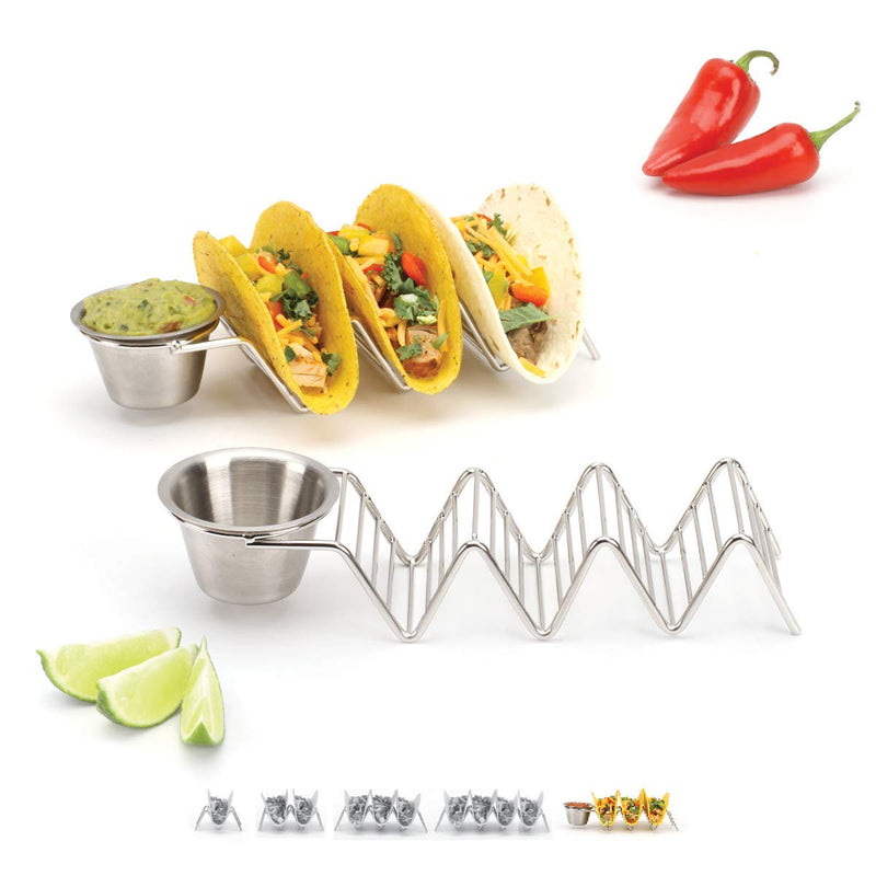 Stackable Taco Holders with Sauce Cups - Set of 2 Stainless Steel Taco Stands -