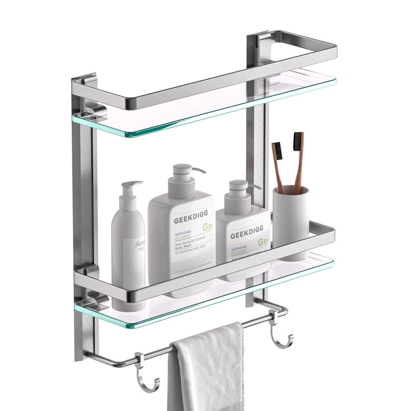 Bathroom Glass Shelf with Towel Rack, 2 Tier Wall Mounted Tempered Glass Shower