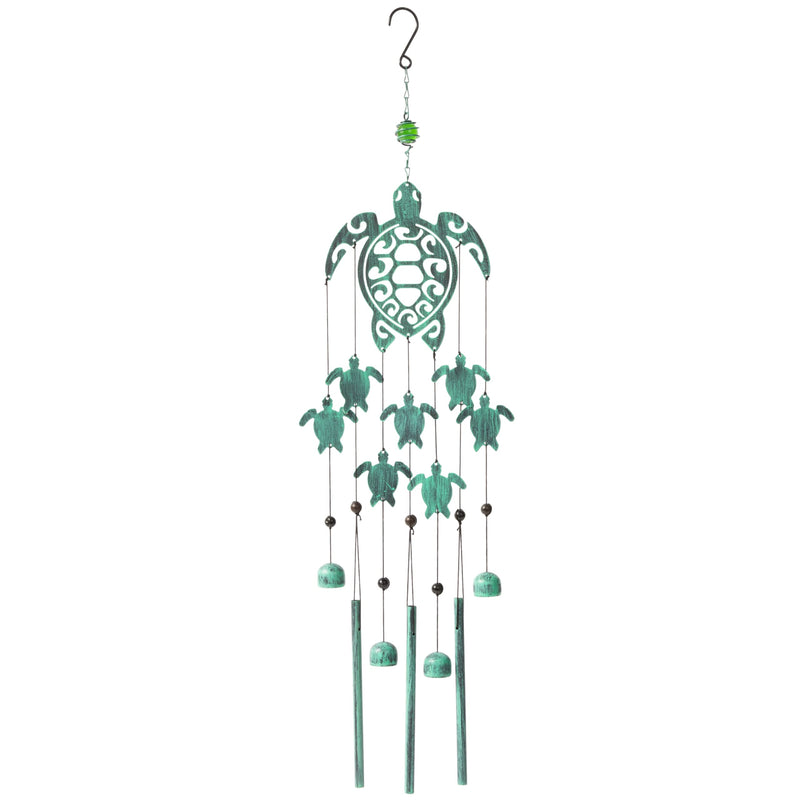 31" H Rustic Sea Green Tribal Turtle Outdoor Wind Chimes, Unique Sea Turtle