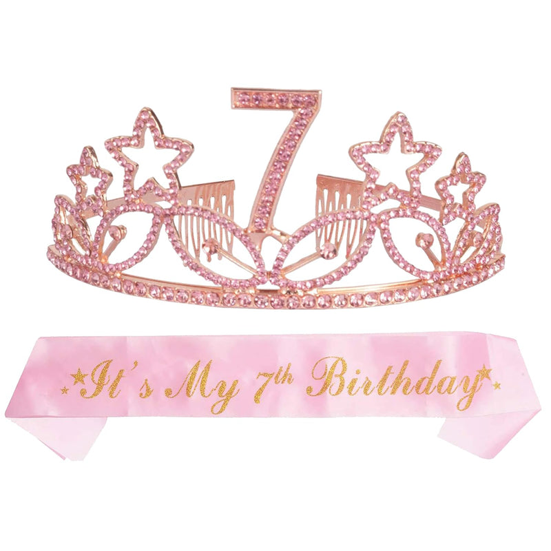 Girls 7th Birthday Sash and Tiara - Fabulous Glitter Sash + Star Rhinestones