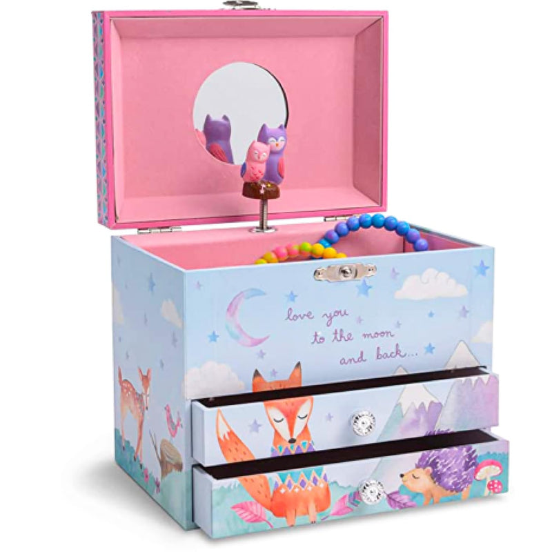 Musical jewelry box with 2 pull-out drawers with rotating owls, forest