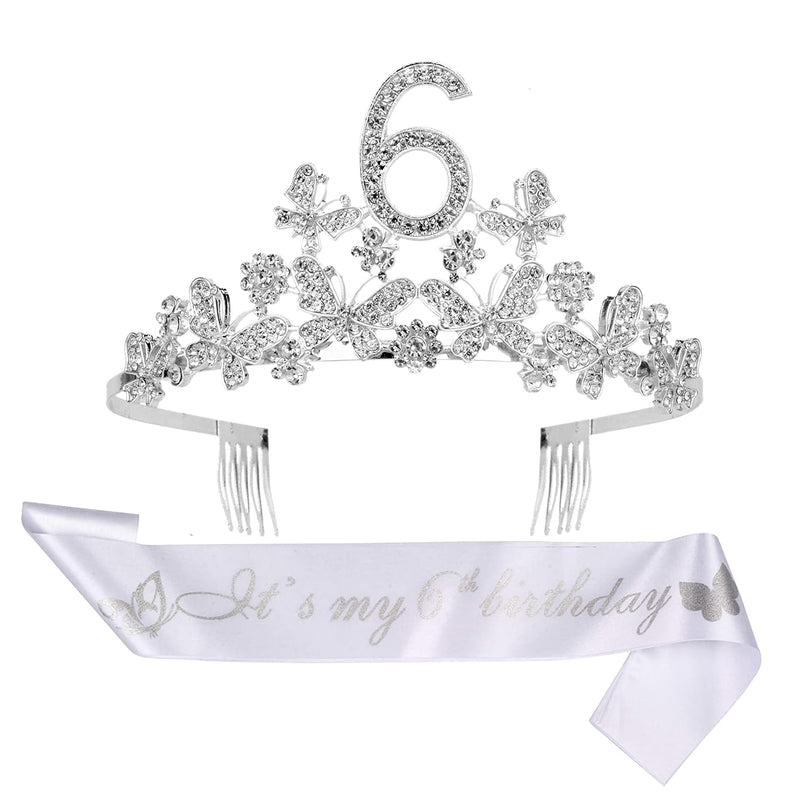 Girls 6th Birthday Sash and Tiara - Fabulous Glitter Sash + Butterflies