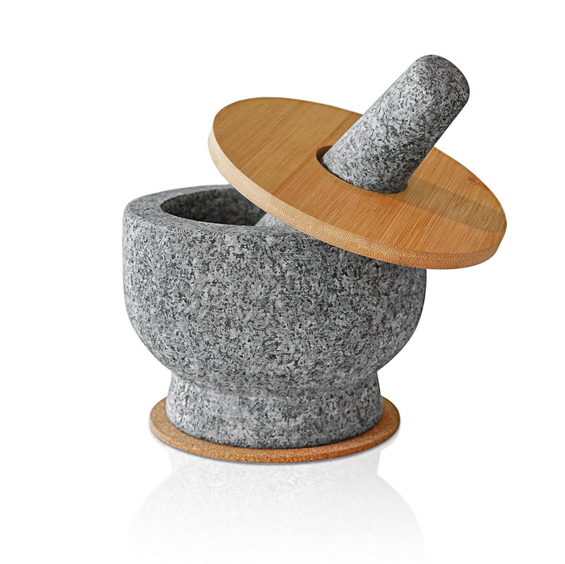 Granite Mortar with Pestle Bamboo Lid Cork Coaster Set