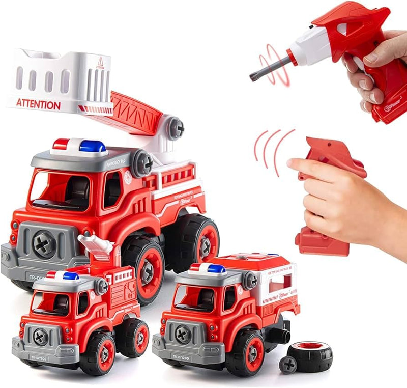 Fire Truck Toy with Battery Operated Drill, Heavy Duty 3 in 1 Truck to Disassemble