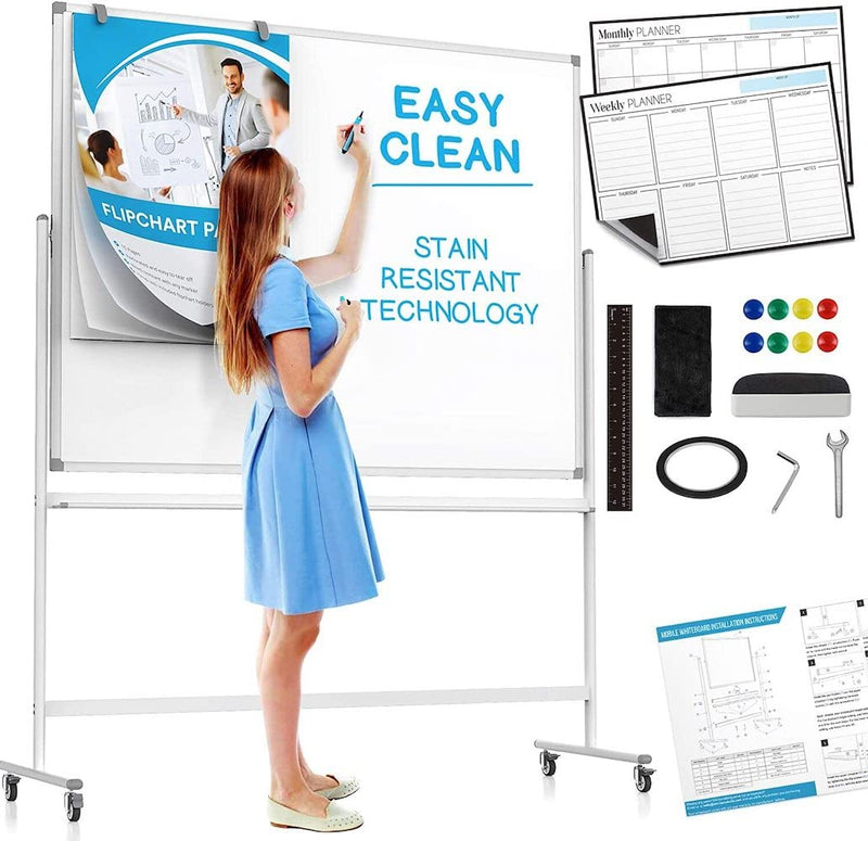 Large mobile rolling whiteboard on wheels (48 x 36 inches), including large flipchart pad,