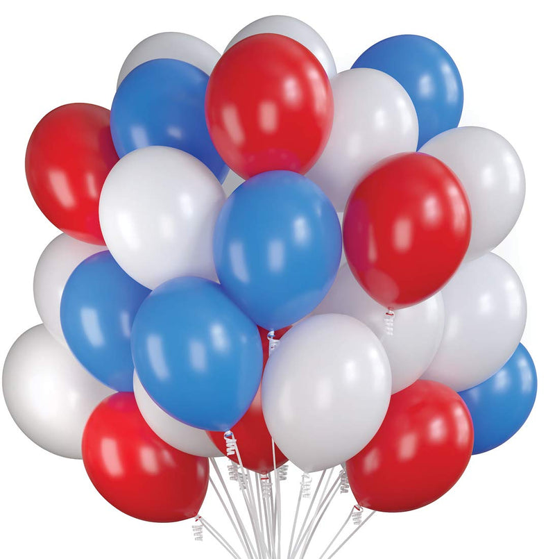 75 Party Balloons 12 Inch USA Blue, Red and White Balloons with Ribbon for Red