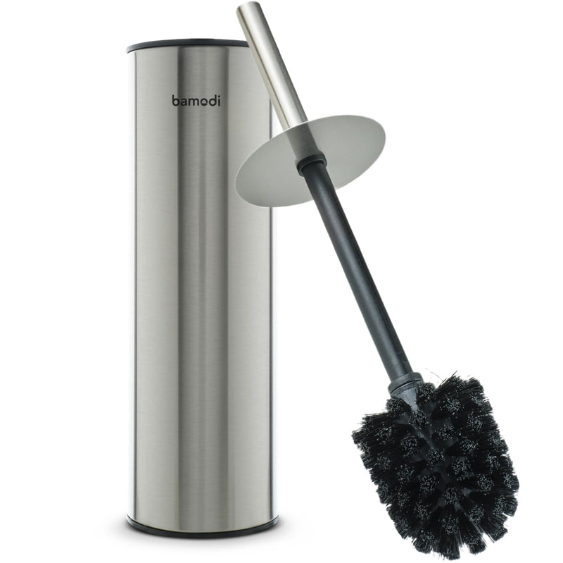 Stainless steel toilet brush and container with splash guard and silver toilet brush