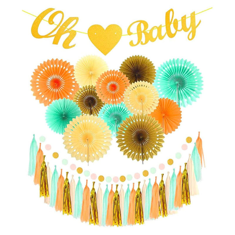 Oh Baby Heart Baby Shower Banner Mint Gold Glitter Peach Cream Paper Fans