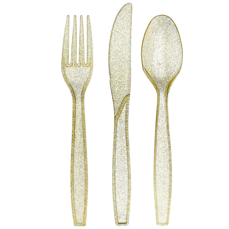 Cutlery set made of 180 gold plastic, cutlery made of glittering gold, cutlery made of plastic