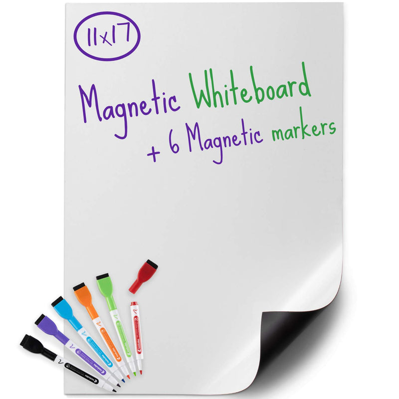 USA Made 17" x 11" Magnetic Dry Erase Board Sheet with 6 Markers -