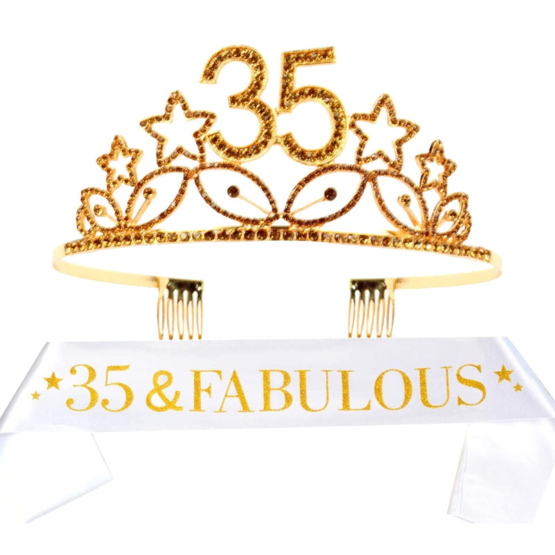 35th Birthday Sash and Tiara for Women - Fabulous Glitter Sash + Stars