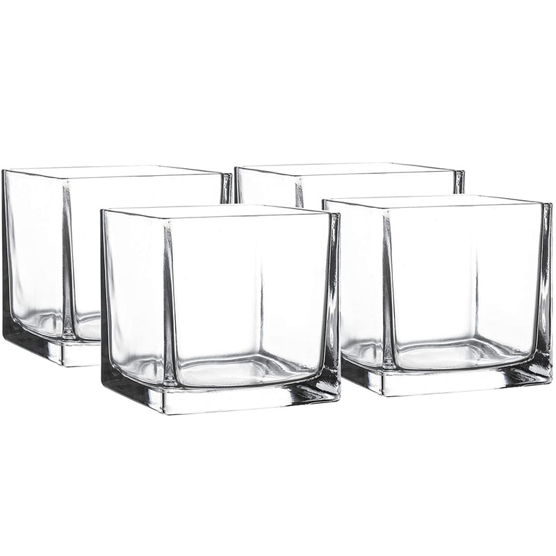 4-Inch Square Glass Vase - Pack of 4 clear cube-shaped decorative glass vases