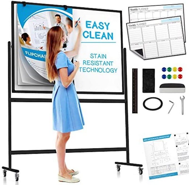 Large Black Mobile Rolling Whiteboard on Wheels: Stain Resistant Technology - 48