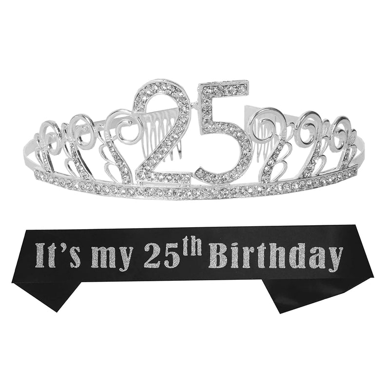 25th Birthday Sash and Tiara for Women - Fabulous Set: Glitter Sash + Waves