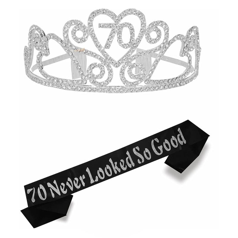 70th Birthday Sash and Tiara for Women - Fabulous Glitter Sash + Floating Heart