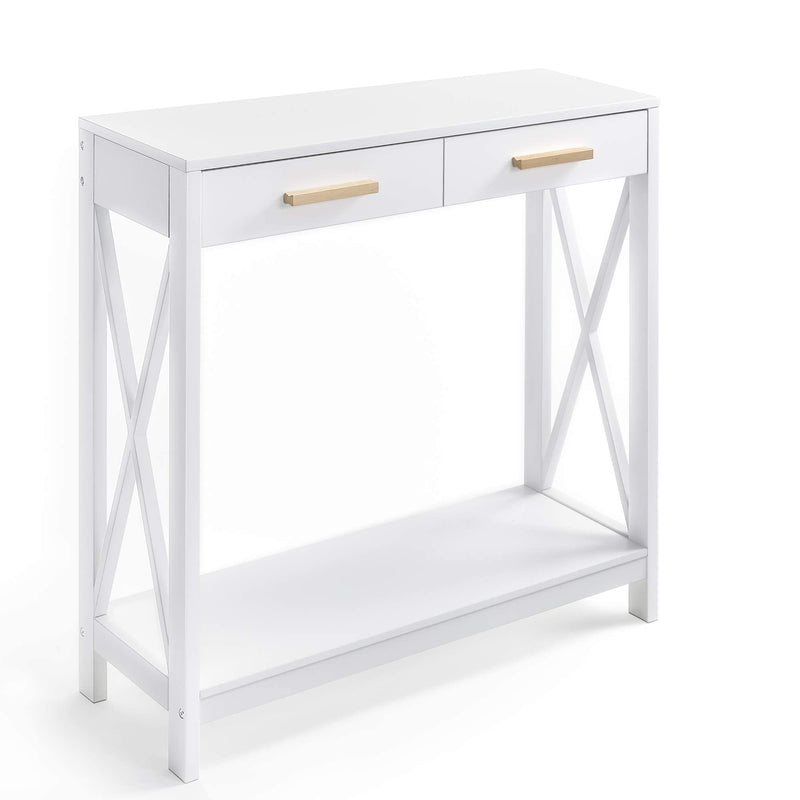 White compact sofa and console table with 2 levels and 2 drawers, elegant entryway