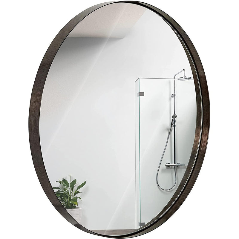 30 inch black round mirror with brushed metal frame, contemporary