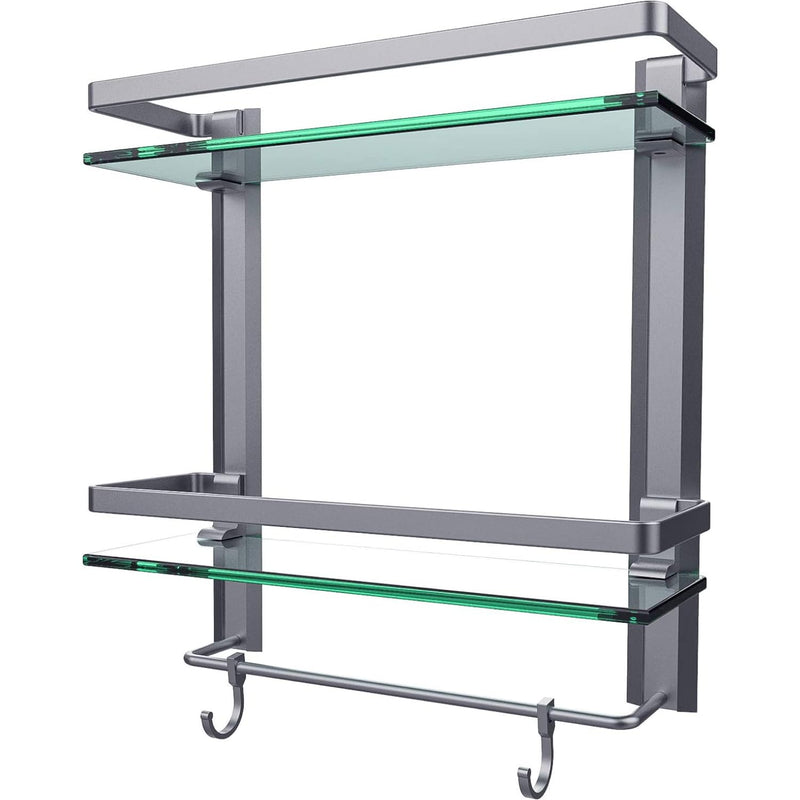 Glass Wall Shelf for Bathroom, 2 Tier Glass Shelf with Integrated Towel